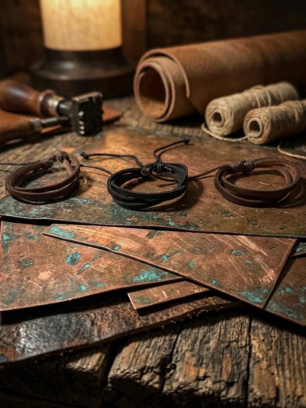 Hand Crafted Brown and Black Leather Bracelet Set